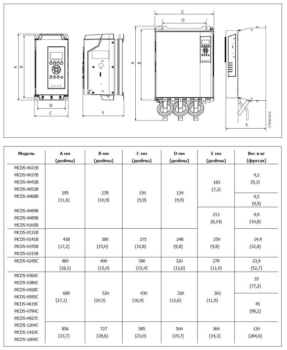Габариты упп Danfoss MCD 500 37 кВт - 175G5530
