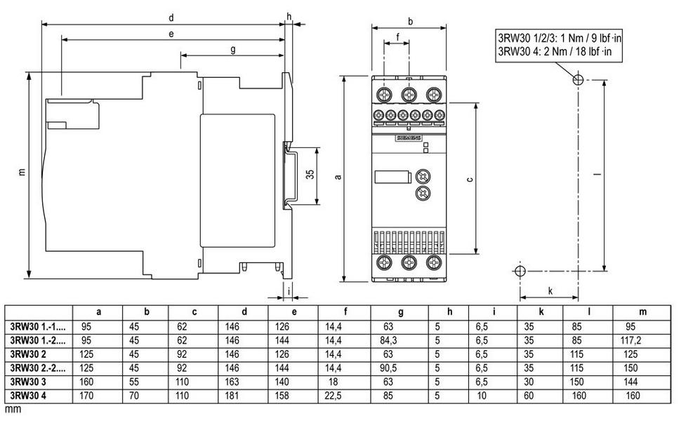 Габариты упп Siemens Sirius 0,55 кВт 3RW30 03-1BB14