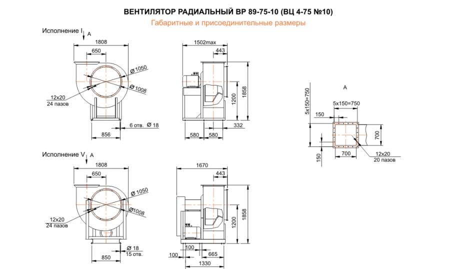 Габаритные размеры вентиляторов ВЦ 4-75, ВР 89-75-4
