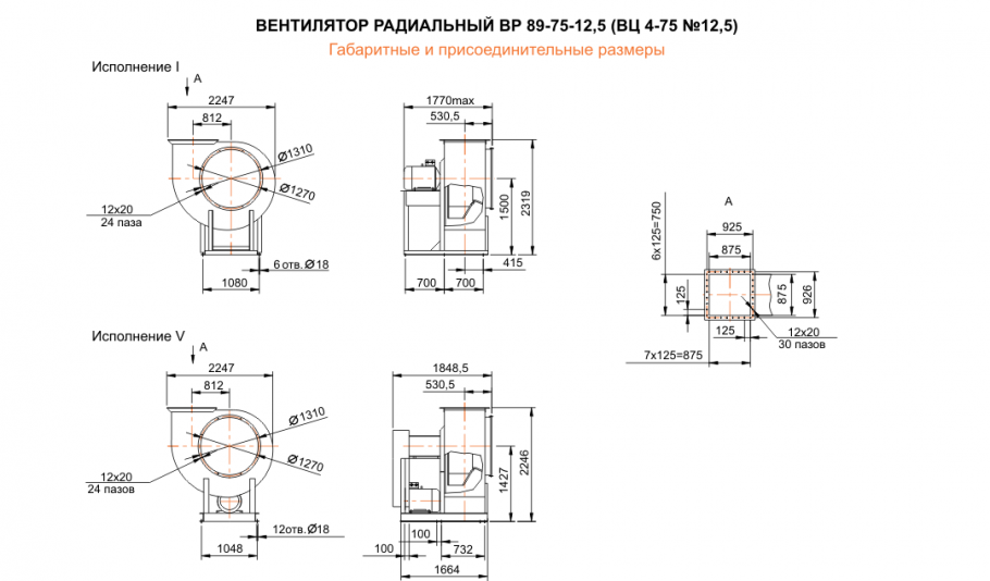 Габаритные размеры вентиляторов ВЦ 4-75, ВР 89-75-4