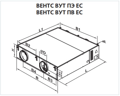 Габаритные размеры приточно-вытяжной установки ВЕНТС ВУТ 600 ПЭ ЕС
